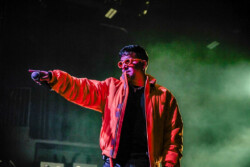 Valie of of Emotional Oranges performing in an orange jumpsuit, sunglasses and long braids