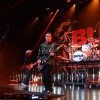 Chris Traynor, Gavin Rossdale, and Nik Hughes perform with Bush in Hollywood, Florida, on May 12, 2026. The performance was part of the "The Land of Milk and Honey" tour. (Photo by Geoffrey Clowes/Sipa USA)
