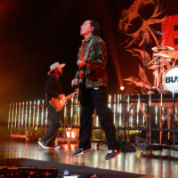 Chris Traynor, Gavin Rossdale, and Nik Hughes perform with Bush in Hollywood, Florida, on May 12, 2026. The performance was part of the "The Land of Milk and Honey" tour. (Photo by Geoffrey Clowes/Sipa USA)